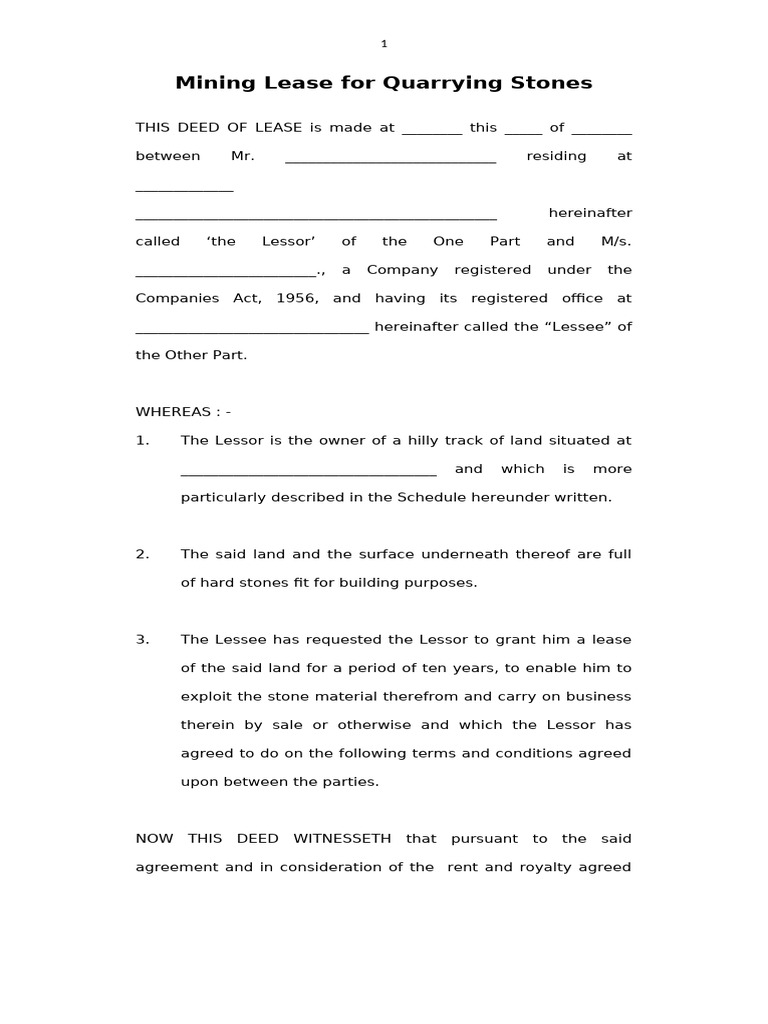 Quarrying Stones Mining Lease Agreement | PDF | Lease | Civil Law ...