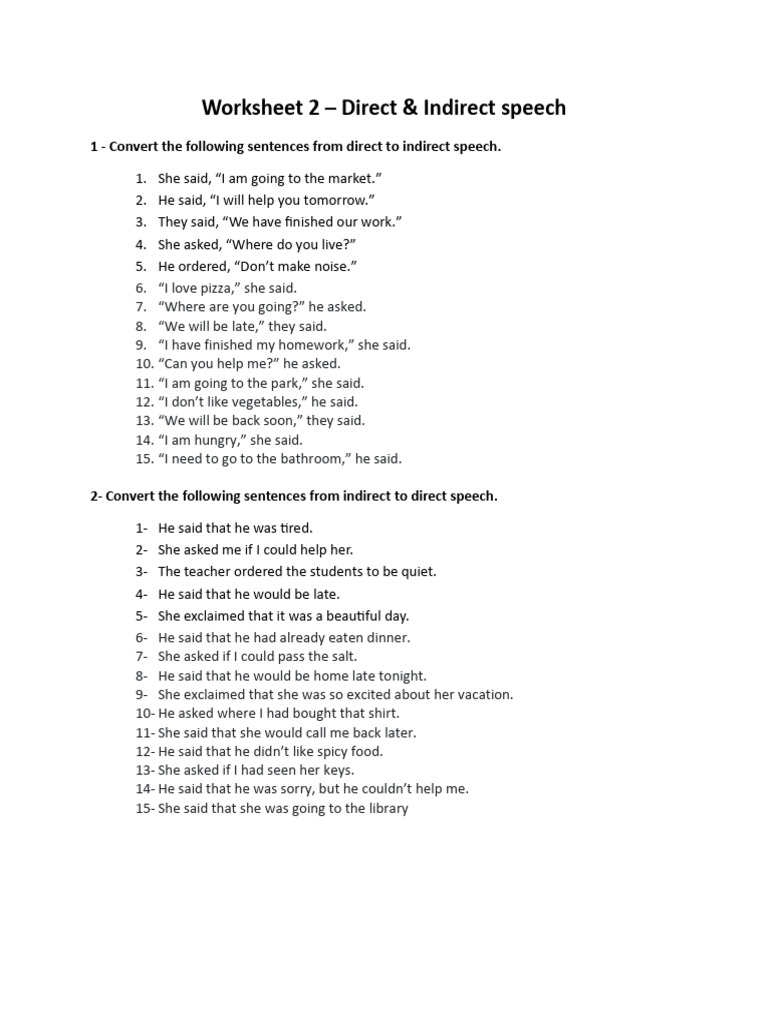 Direct and Indirect Speech Worksheet | PDF | Chess Openings | Chess