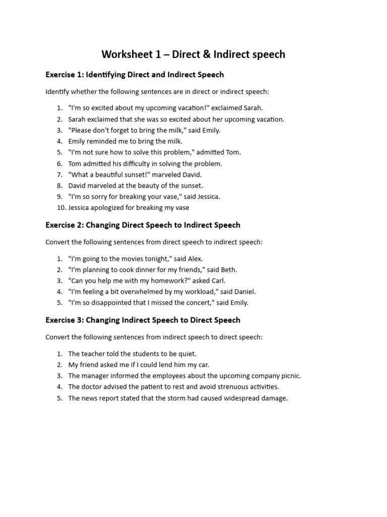 Class 7 Direct and Indirect Speech Worksheet | PDF | Chess | Chess Theory
