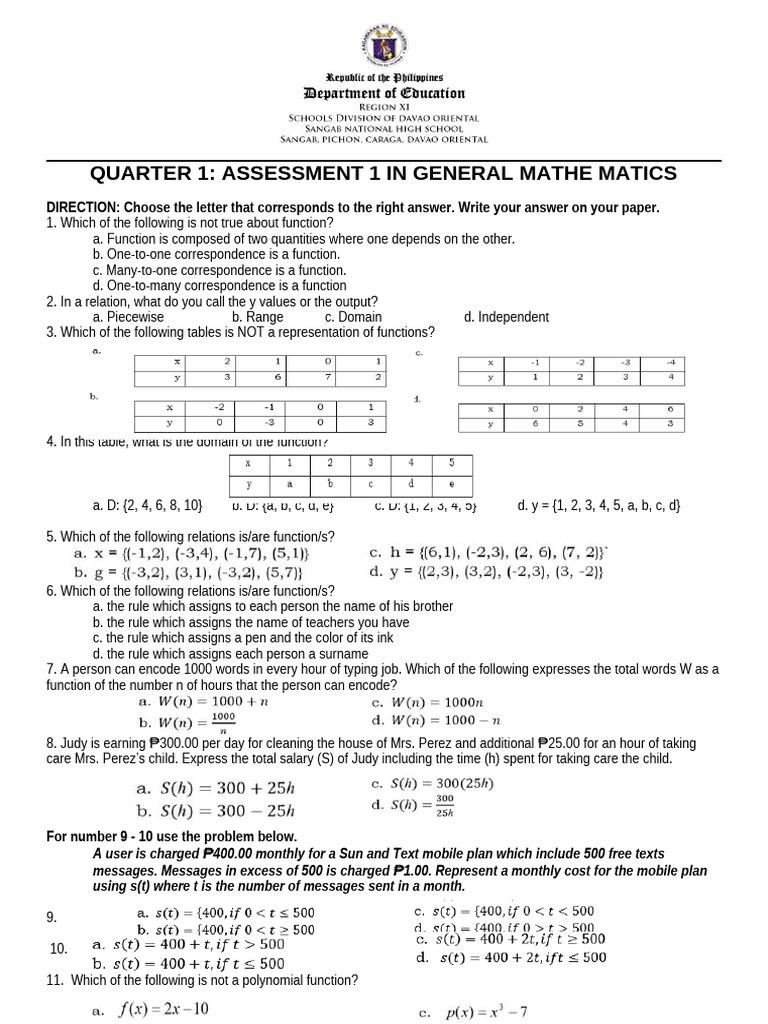 Assessment 1 - Gen Math - Quarter 1 | PDF | Function (Mathematics ...
