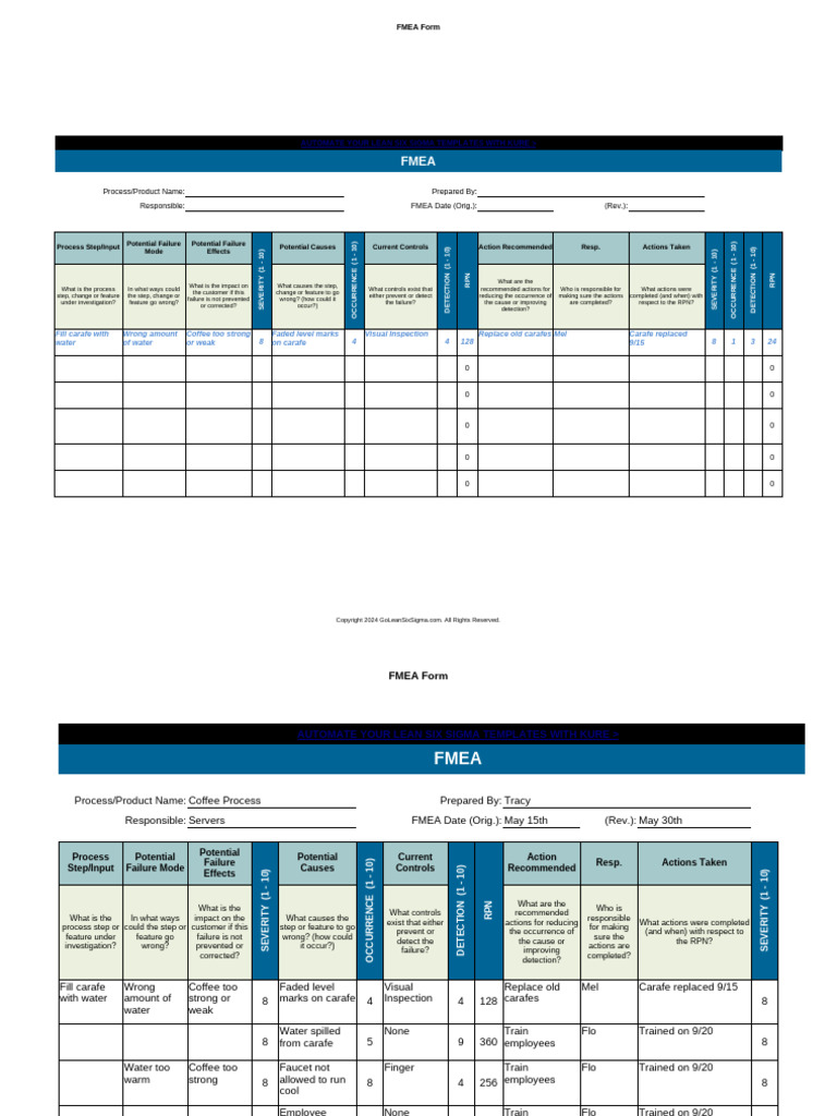 FMEA Template for Process Improvement | PDF