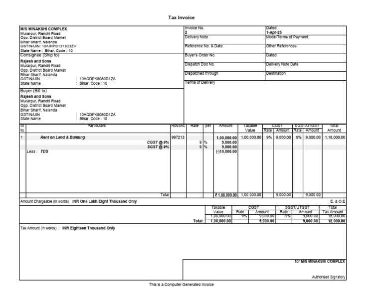Tax Invoice for M/S Minakshi Complex | PDF | Public Finance | Taxation