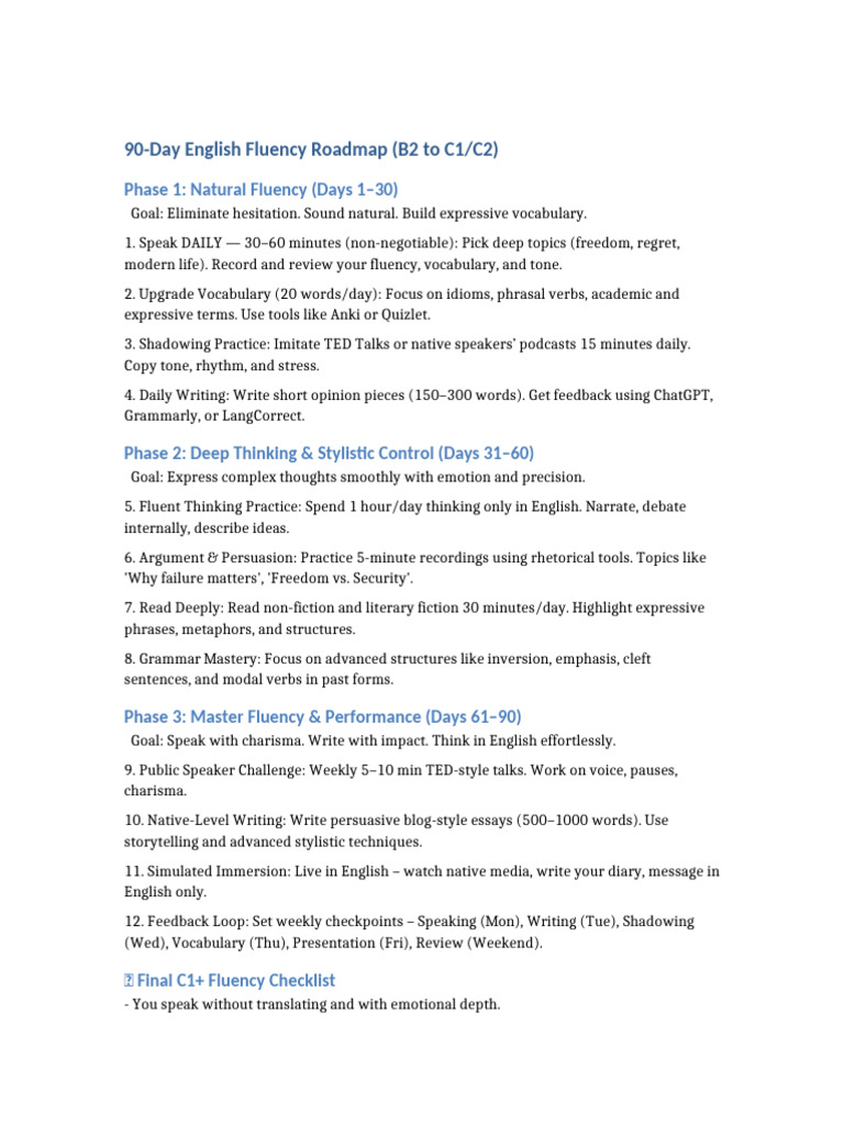 90-Day English Fluency Guide: B2 to C1/C2 | PDF