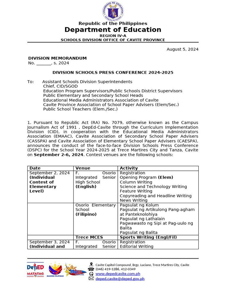 Cavite Division Schools Press Conference 2024 | PDF