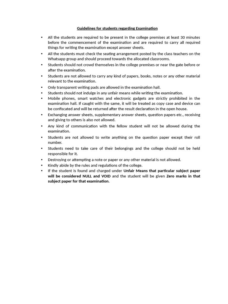 Guidelines For Students Regarding Exam | PDF