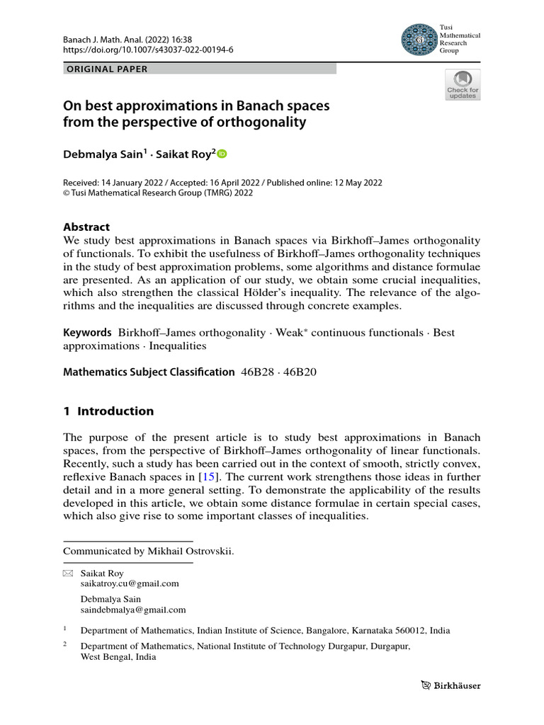 Best Approximations in Banach Spaces | PDF | Banach Space ...