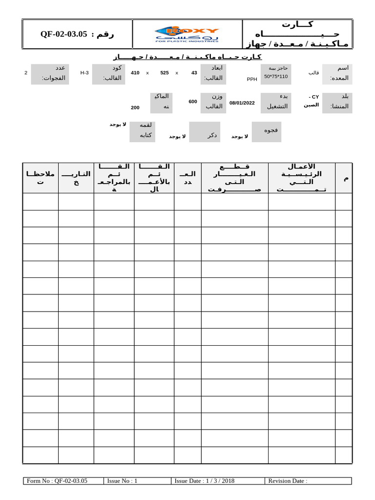 110 75 50 PPH X X H-3 2: Form No: QF-02-03.05 Issue No: 1 Issue Date: 1 ...