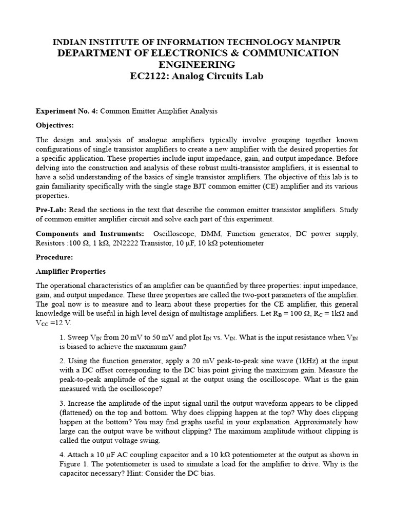 Common Emitter Amplifier Lab Guide | PDF | Amplifier | Amplitude