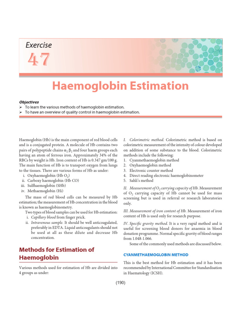 Haemoglobin Estimation Methods | PDF | Blood Type | White Blood Cell