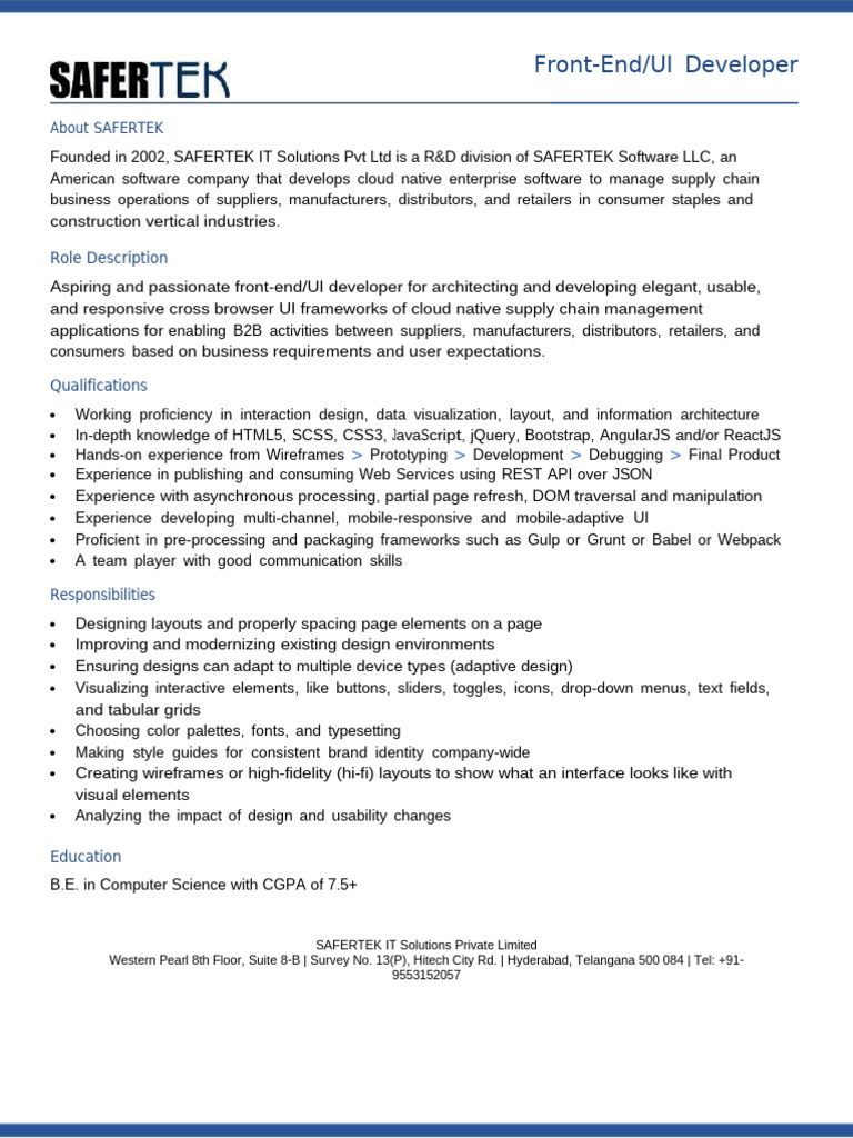 Front-End/UI Developer Job at SAFERTEK | PDF | User Interface | Angular Js