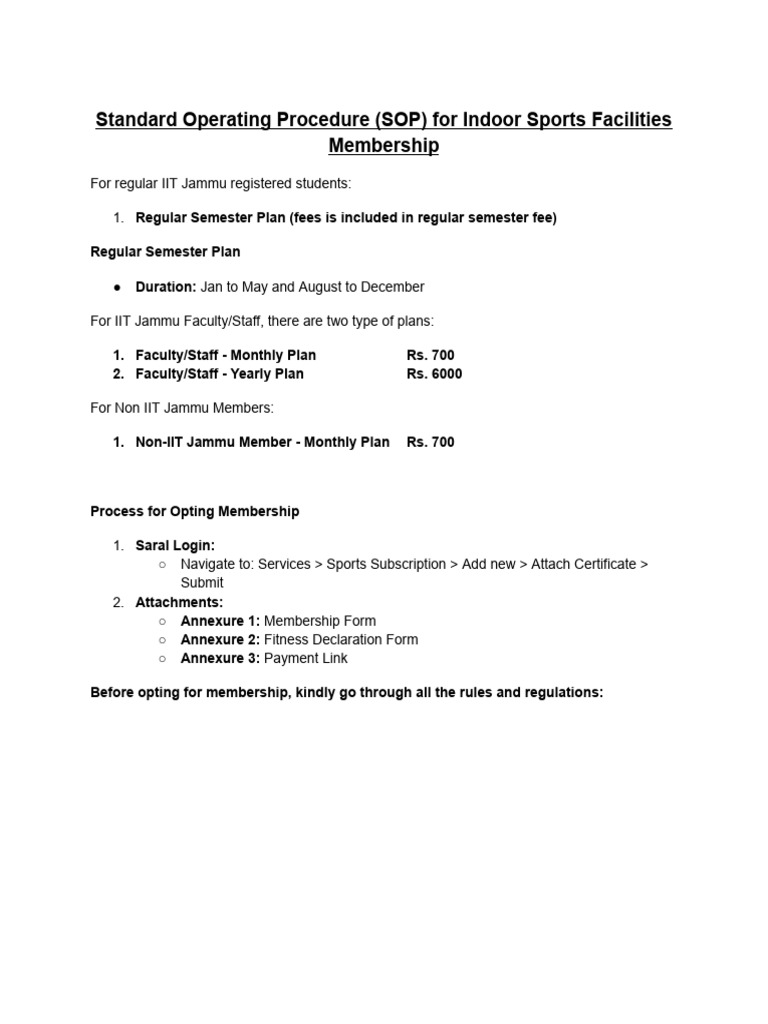 IIT Jammu Indoor Sports Membership SOP | PDF