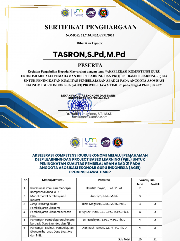 Penghargaan untuk Tasron dalam PjBL | PDF