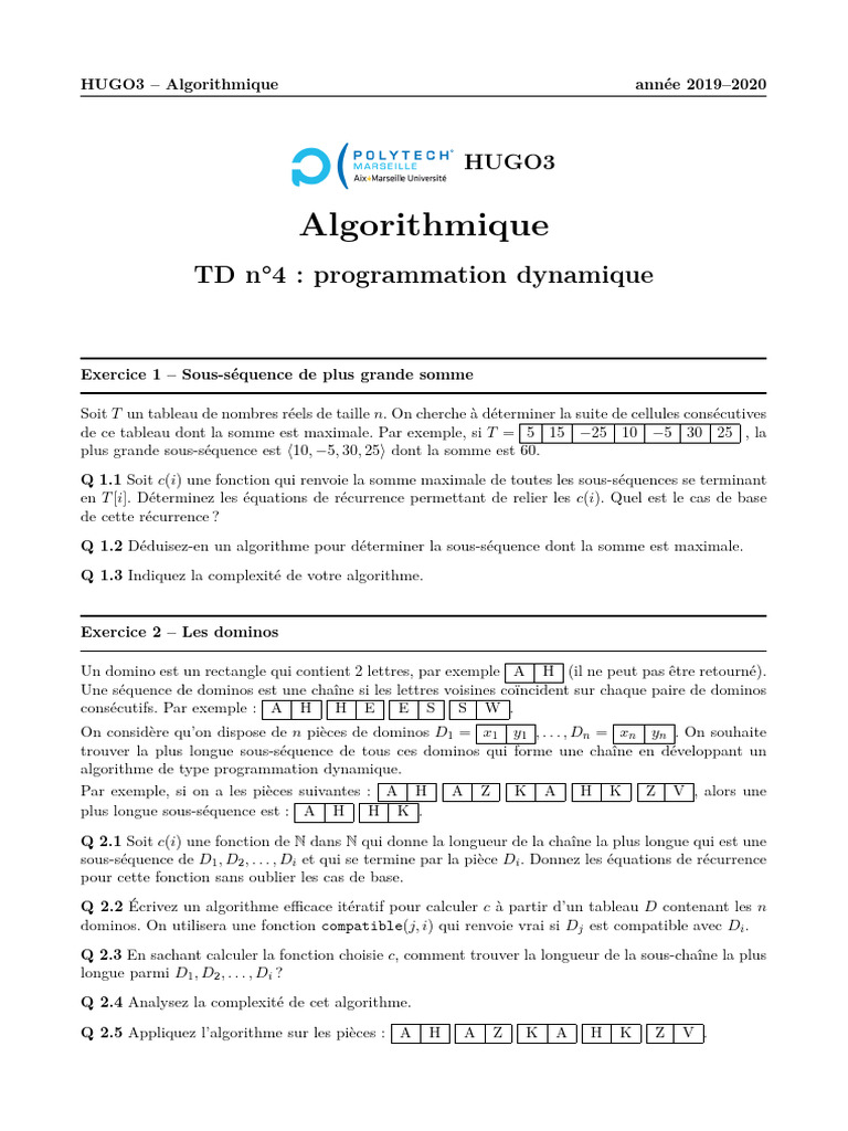 Programmation Dynamique : Exercices et Algorithmes | PDF ...