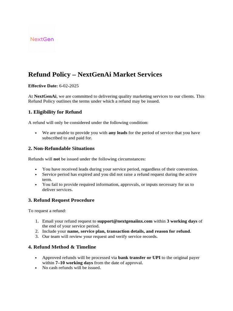 NextGenAi Refund Policy Overview | PDF