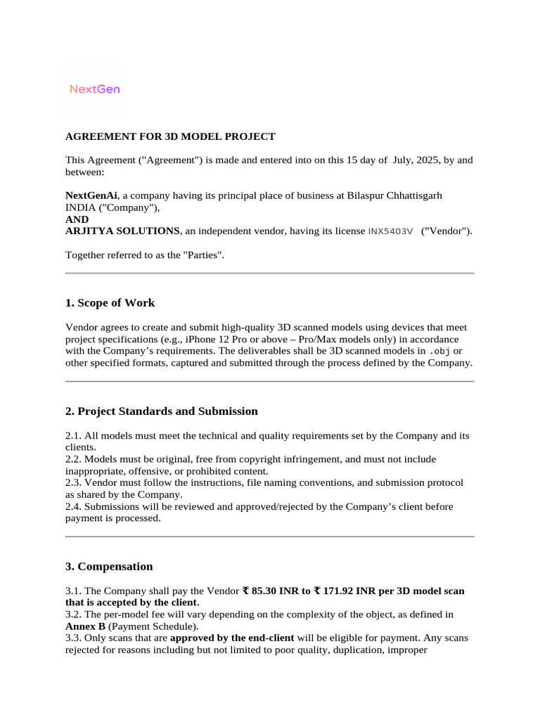 3D Model Project Agreement with Arjitya | PDF