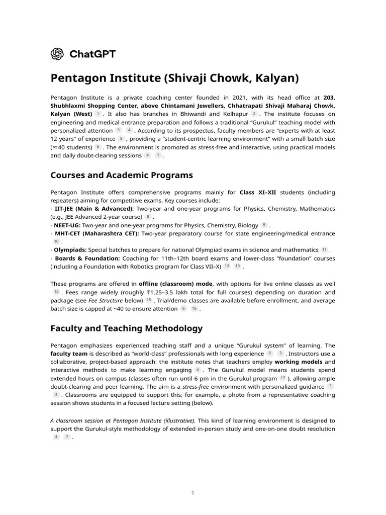 Pentagon Institute Kalyan Overview | PDF | University And College Admission