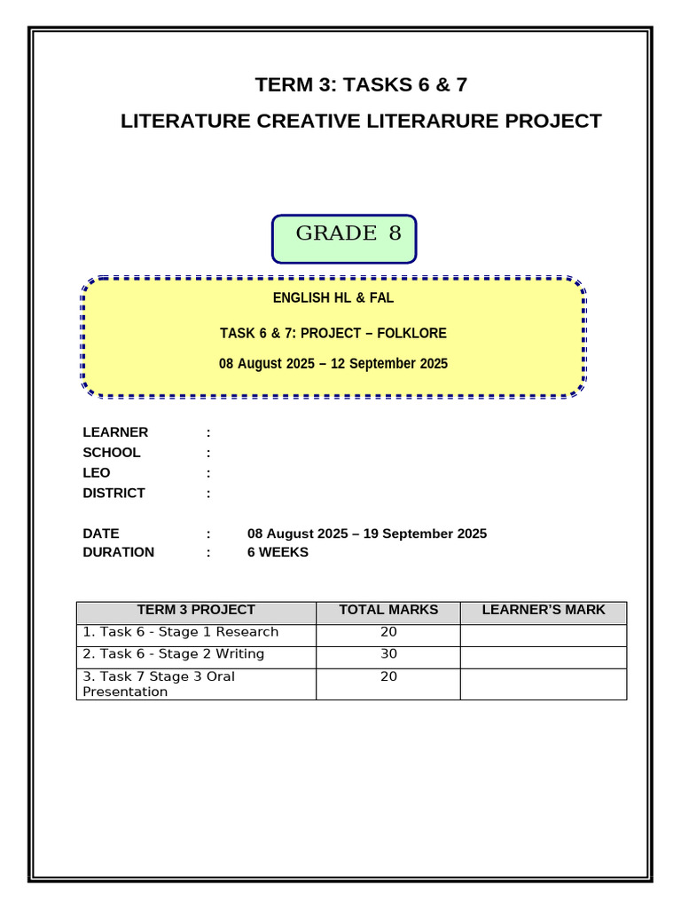 Grade 8 Folklore Project Guidelines | PDF | Folklore | Learning