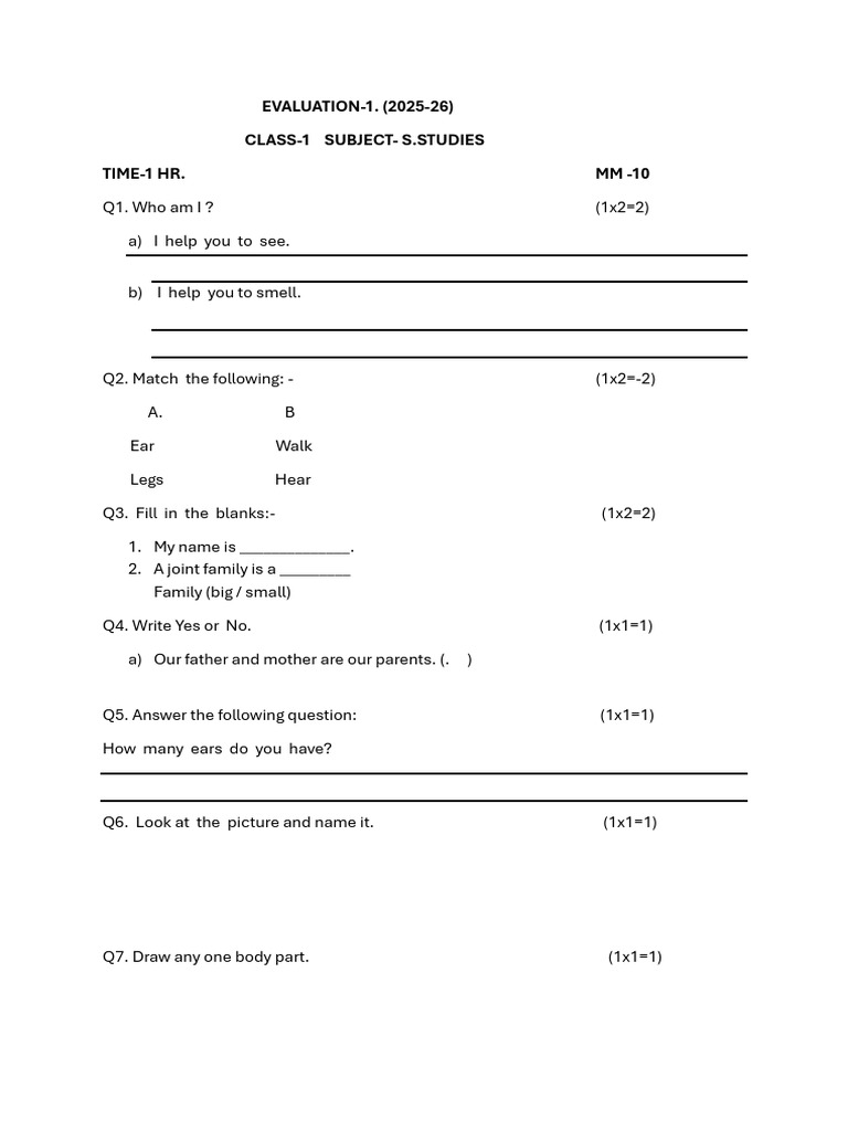 Class 1 S.St. Evaluation 2025-26 | PDF