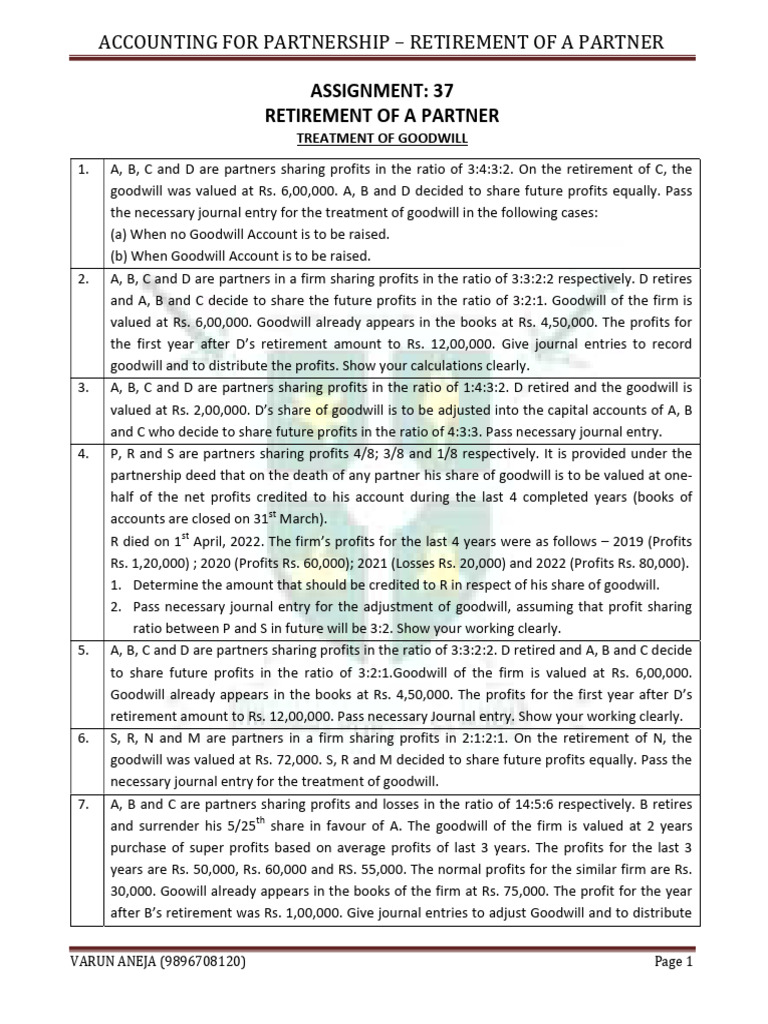 Retirement of a Partner: Goodwill Treatment | PDF | Goodwill ...