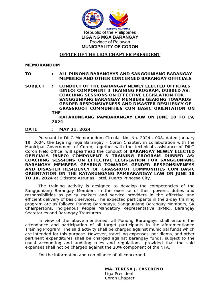 BNEO Training for Barangay Officials 2024 | PDF | Government