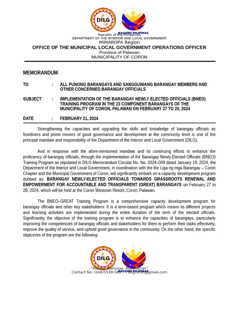 BNEO Training Program for Barangays | PDF