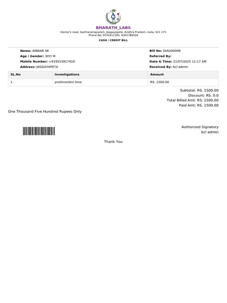 Medical Bill for Anwar SK - BHARATH_LABS | PDF