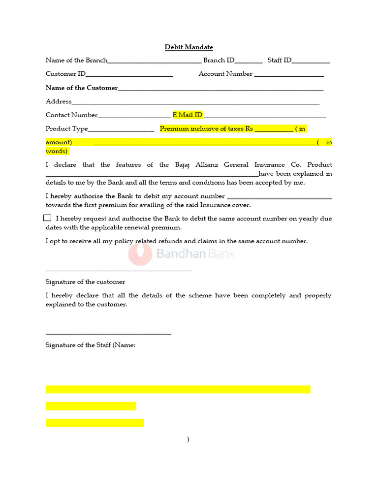 Debit Mandate for Insurance Premium | PDF
