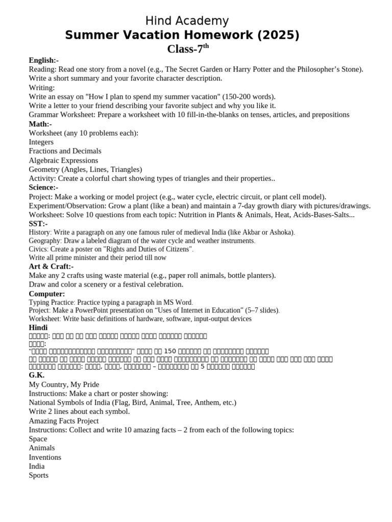 Class 7 Summer Homework 2025 Guide | PDF