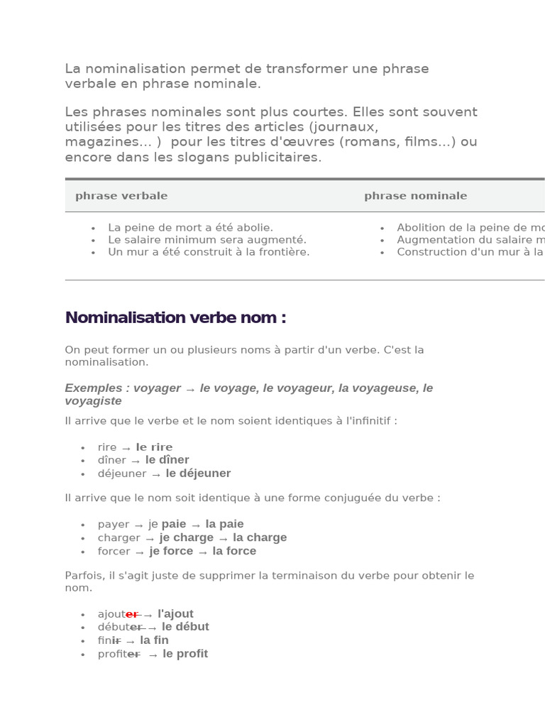 La Nominalisation des Verbes en Français | PDF | Verbe | Phrase