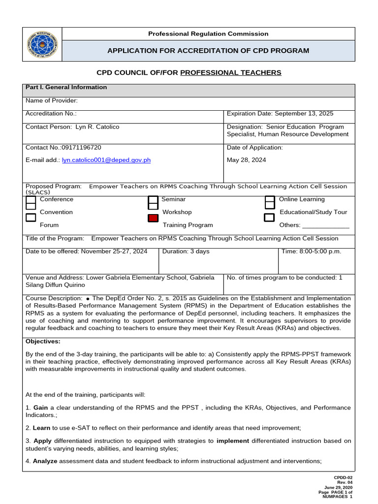 Lower Gabriela ES-APPLICATION-FOR-CPD-PROGRAM | PDF | Differentiated ...