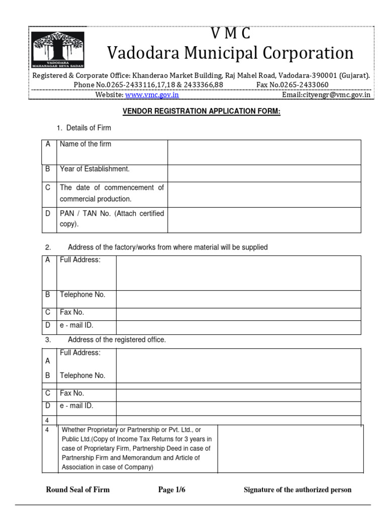 VMC Vendor Registration Application Form | PDF