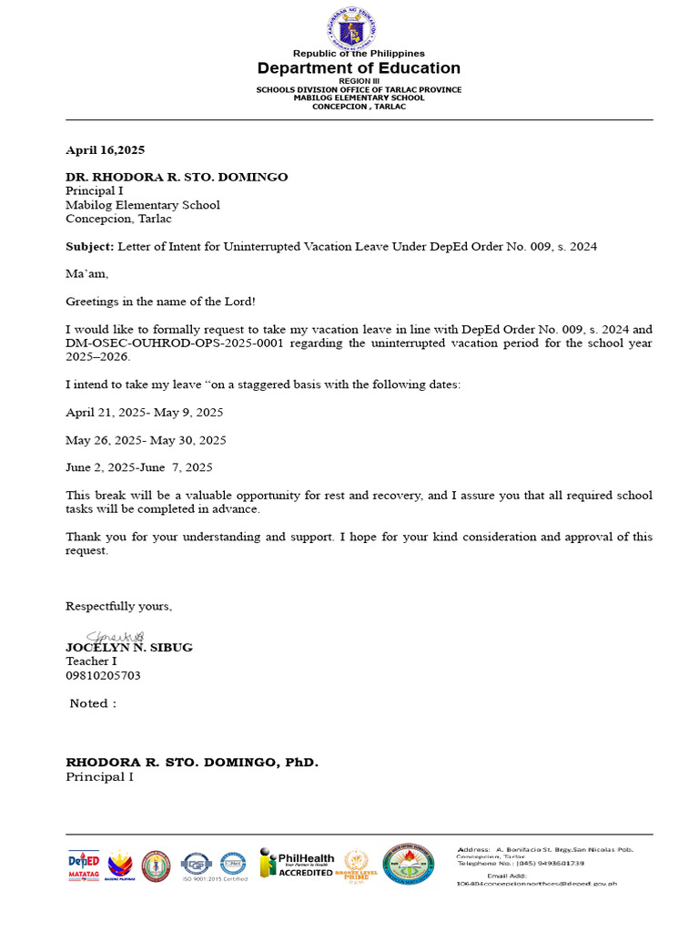 Vacation Leave Request for DepEd Order 009 | PDF