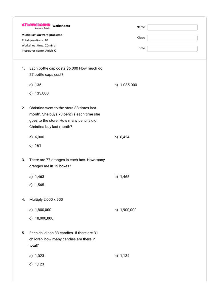 4th Grade Multiplication Word Problems | PDF