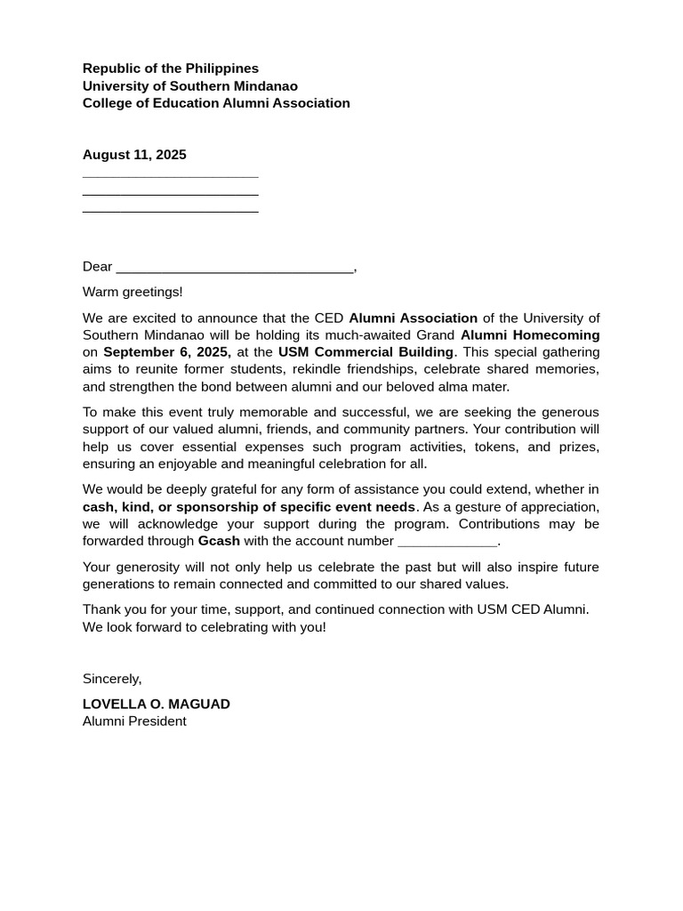 Alumni Homecoming Solicitation Letter | PDF