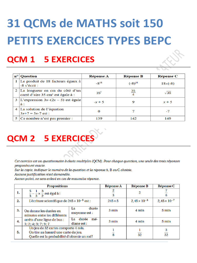 31 QCMs de Maths pour BEPC | PDF