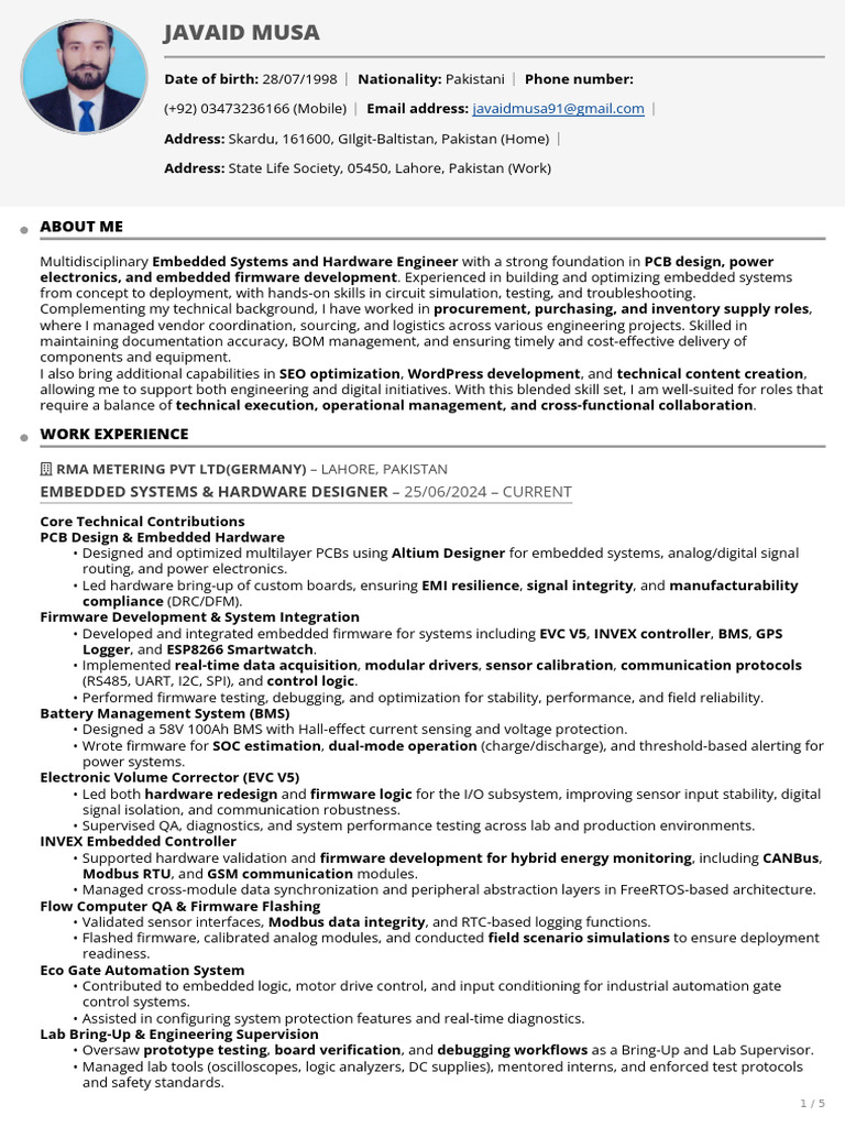 Musa Javaid: Embedded Systems Engineer | PDF | Direct Current ...