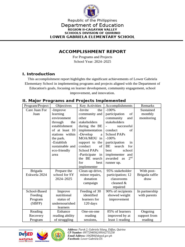 Lower Gabriela Elementary School Accomplishments | PDF | Information ...