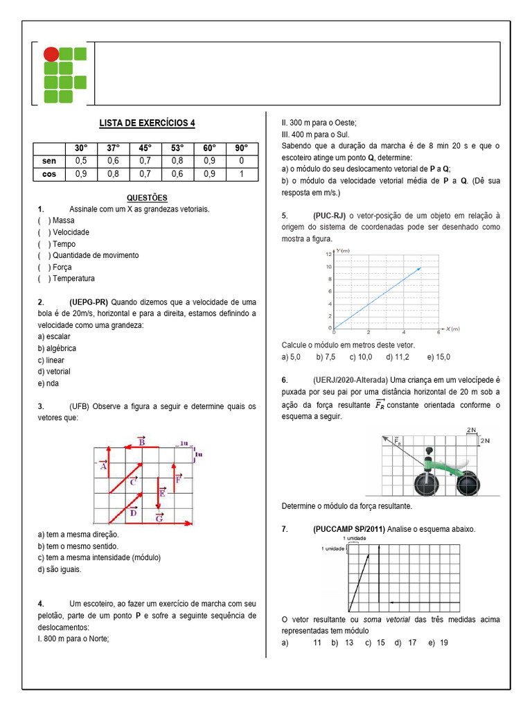 Lista de Exercícios de Física I - Vetores | PDF | Colisão | Vetor ...
