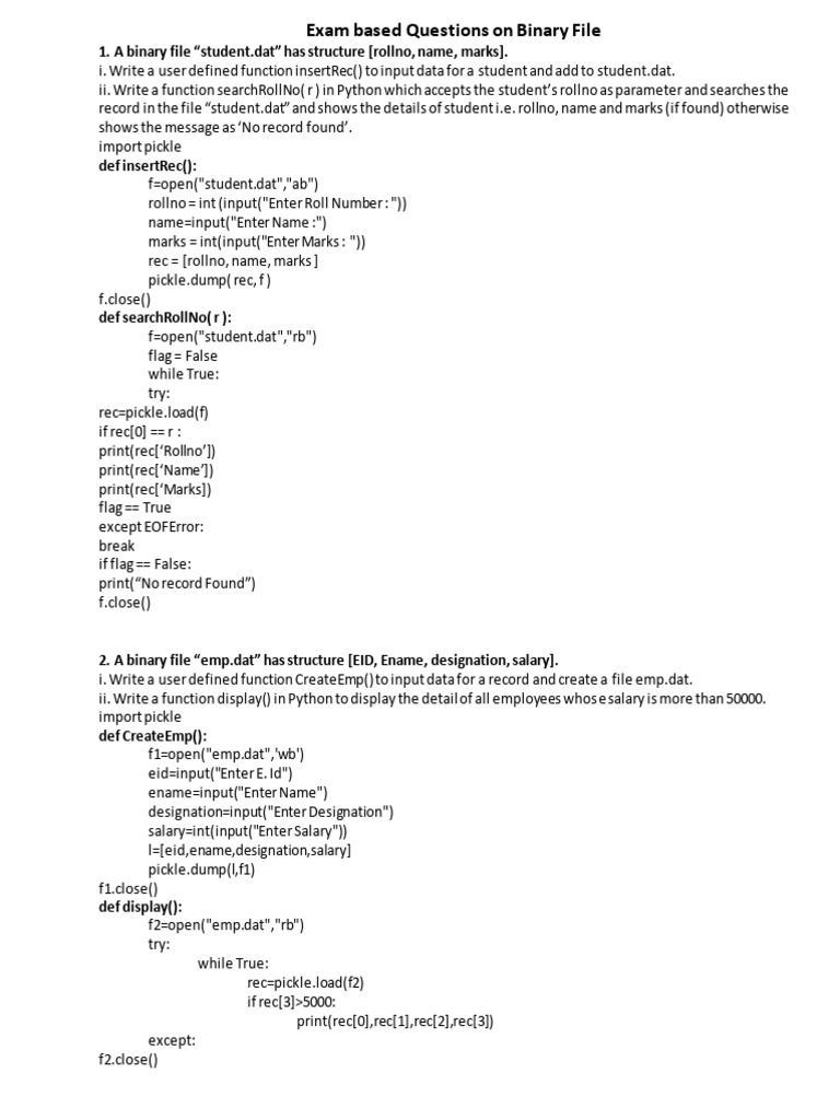 Exam Questions on Binary File Handling | PDF | Computing | Software ...