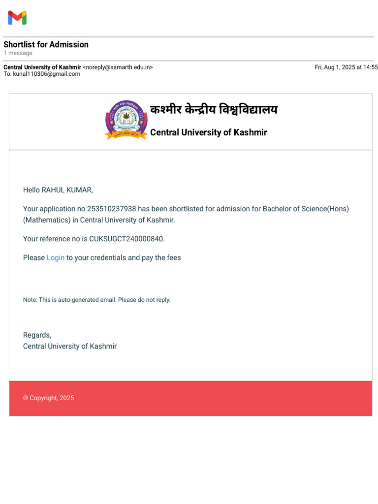 Gmail - Shortlist For Admission | PDF