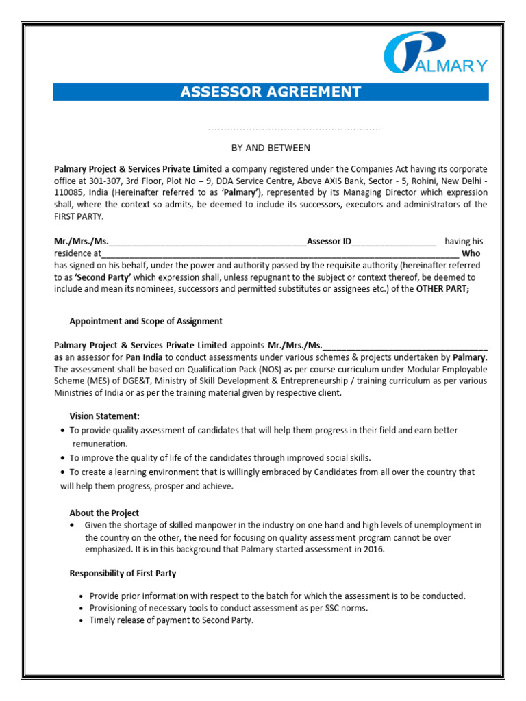 Assessor Agreement for Palmary Services | PDF | Bribery