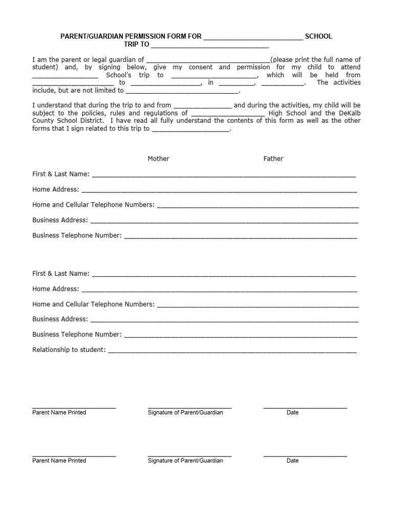 Parent Permission Form for School Trip | PDF | Indemnity | Private Law