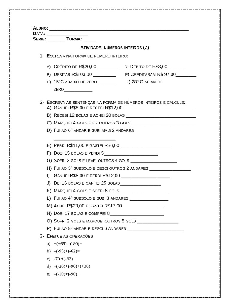 Atividade de Números Inteiros para Alunos | PDF