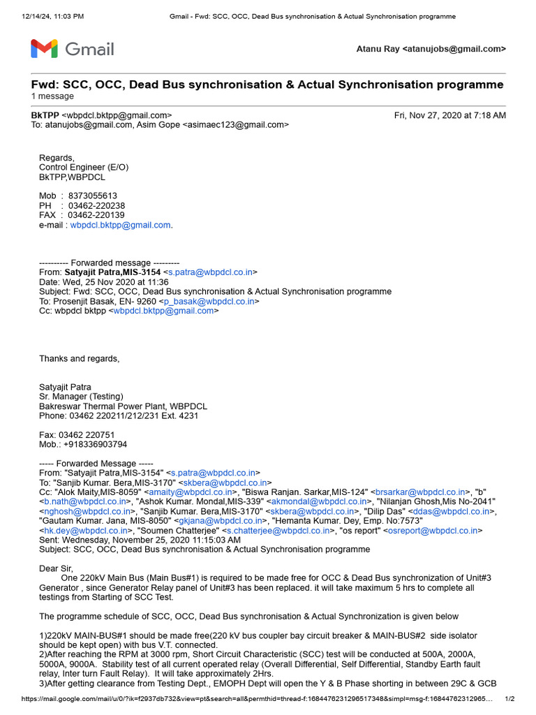 SCC, OCC, Dead Bus Synchronisation & Actual Synchronisation Programme ...
