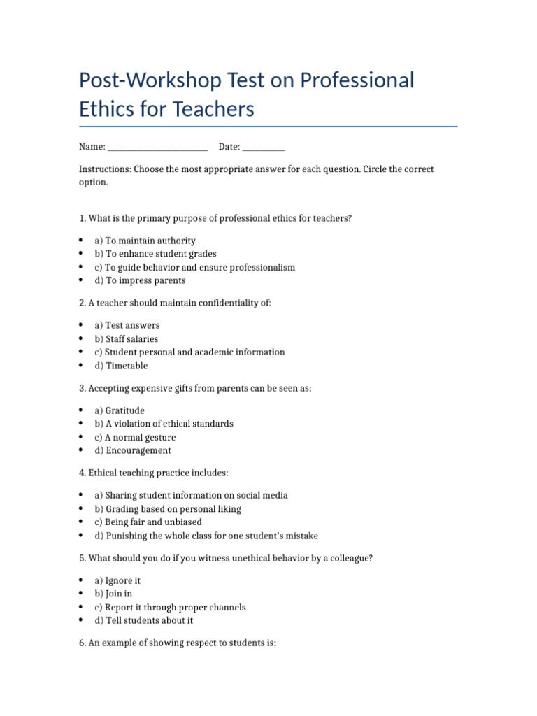 Professional Ethics Assessment for Educators | PDF