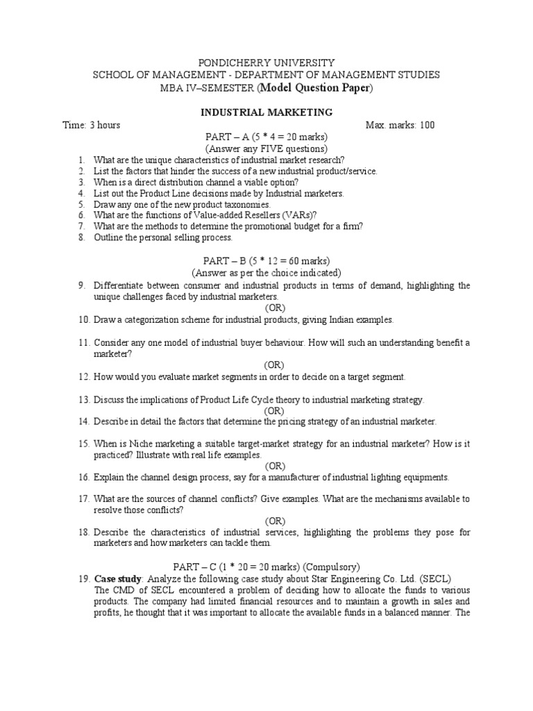 MBA Industrial Marketing Model Paper | PDF | Consumer Behaviour ...