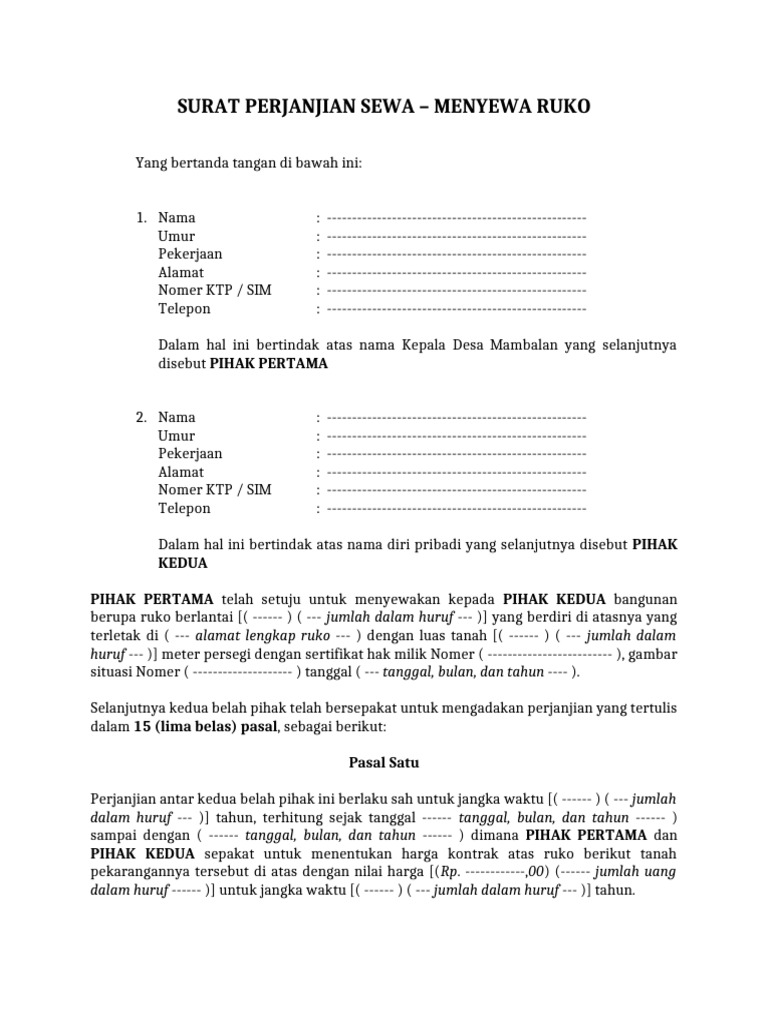 Surat Perjanjian Sewa Ruko Lengkap | PDF