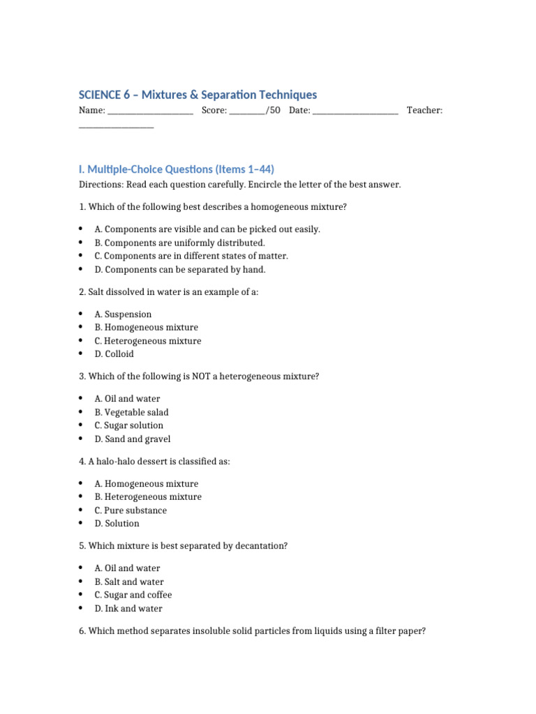 Mixtures and Separation Techniques Quiz | PDF | Mixture | Filtration