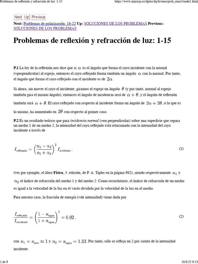 Problemas de reflexión y refracción de luz | PDF | Ligero | Refracción
