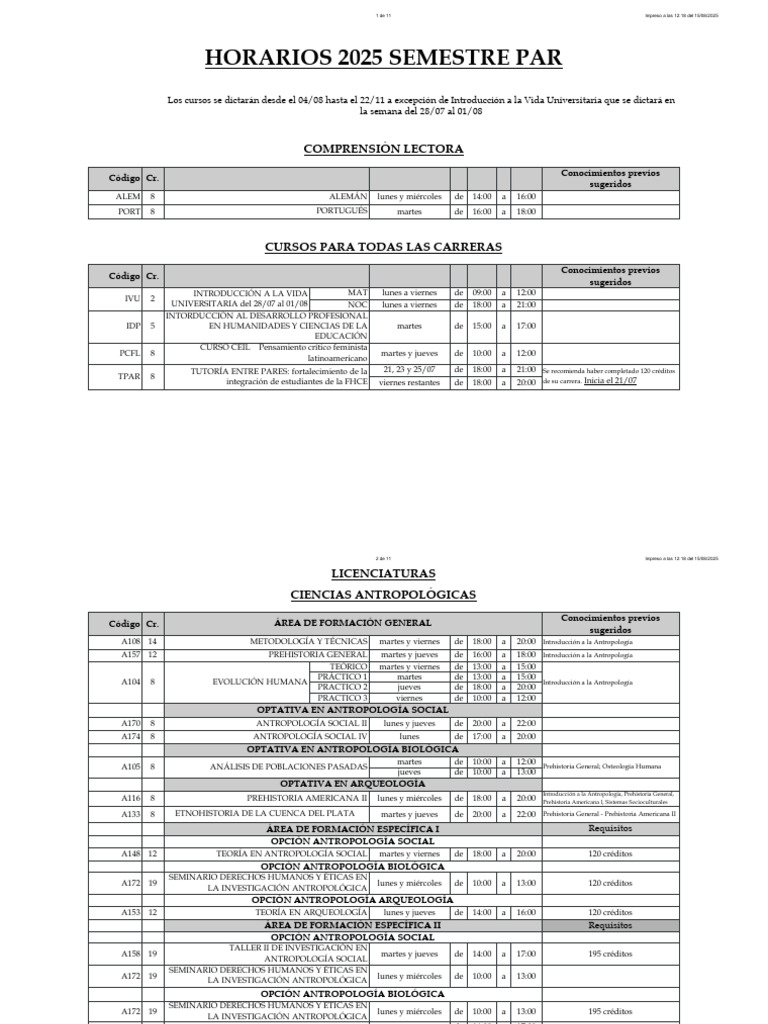 Horarios Cursos 2025 Semestre Par | PDF | Lingüística | Enseñando